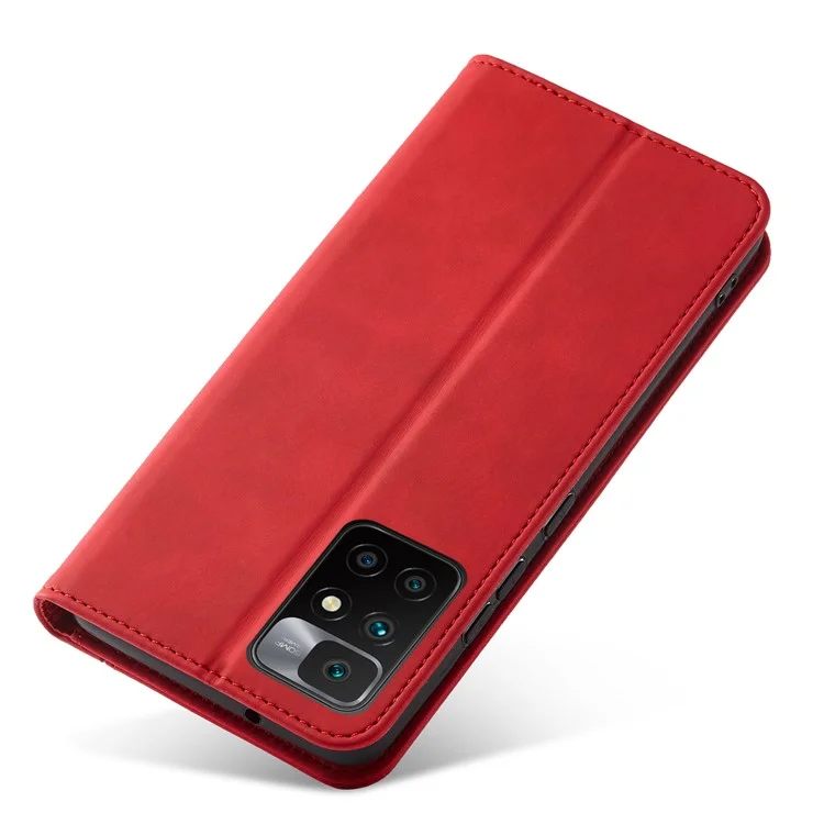 Double Edge-fold Sewing Design Case Automatic Closing Full Protection Leather Phone Cover for Xiaomi Redmi Note 11 4G (MediaTek)/Redmi 10 4G (2021)/Redmi 10 2022 4G/10 Prime - Red