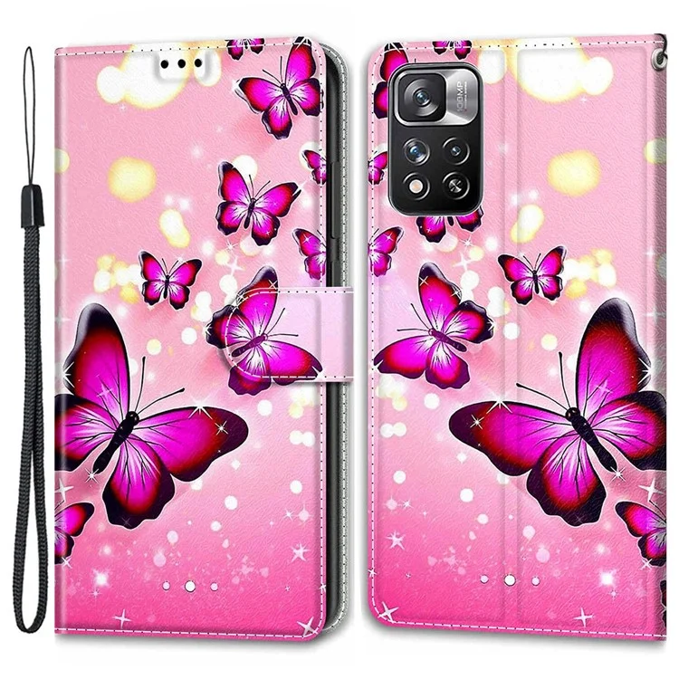 Stand Feature Wrist Strap Pattern Printing Leather Flip Case with Card Slots for Xiaomi Redmi Note 11 Pro 5G (China) (MediaTek)/Note 11 Pro+ 5G - C03 Pink Butterflies