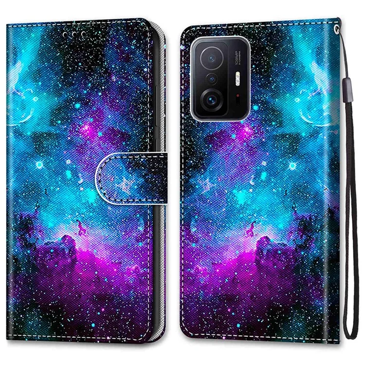 Impresión de Patrones Case de Teléfono a Prueba de Caída PU Leather + TPU TPU Cubierta de Teléfono Con Correa de Billetera de Soporte Para Xiaomi 11t/11t Pro - B15 Noche Estrellada