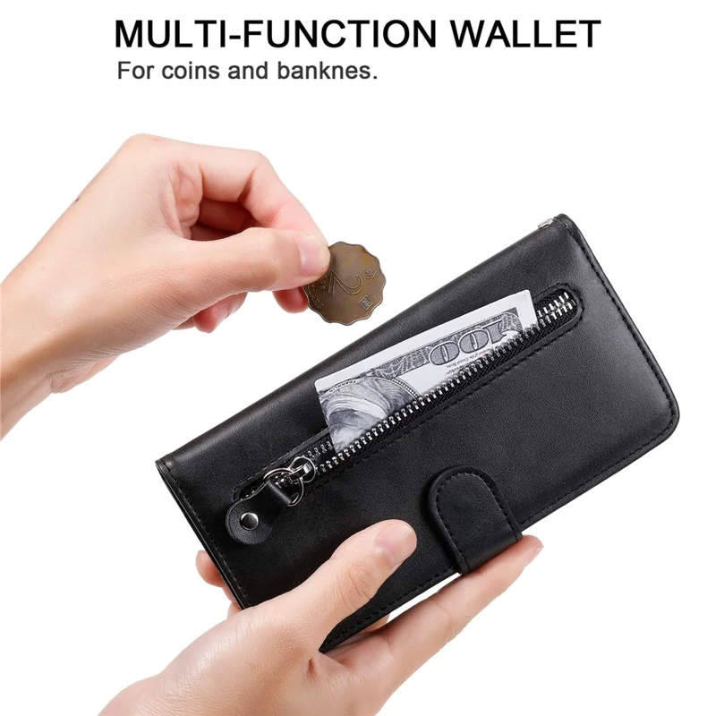 Shockproof Stand Wallet Zippered Pocket Design Textured Leather Phone Case for Xiaomi Redmi Note 11 Pro 5G (China) (MediaTek)/Note 11 Pro+ 5G - Black