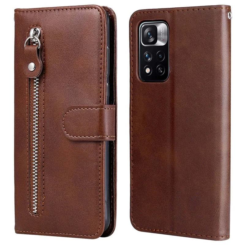 Shockproof Stand Wallet Zippered Pocket Design Textured Leather Phone Case for Xiaomi Redmi Note 11 Pro 5G (China) (MediaTek)/Note 11 Pro+ 5G - Brown
