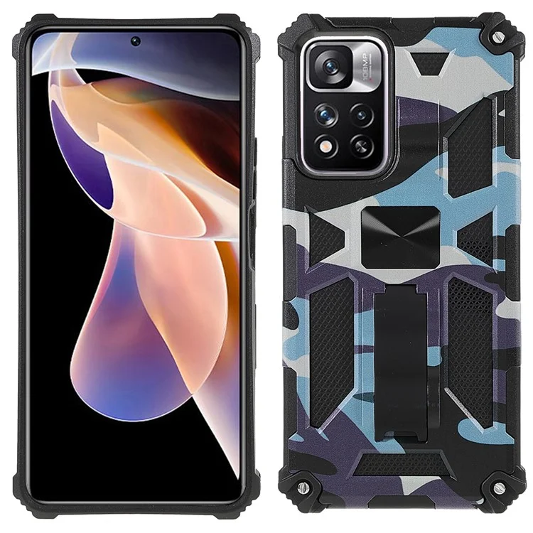 Camouflage Design Fall-proof Soft TPU Hard PC Dual Layer Protective Case Phone Shell with Kickstand for Xiaomi Redmi Note 11 Pro 5G (China) (MediaTek)/Note 11 Pro+ 5G - Mint Green