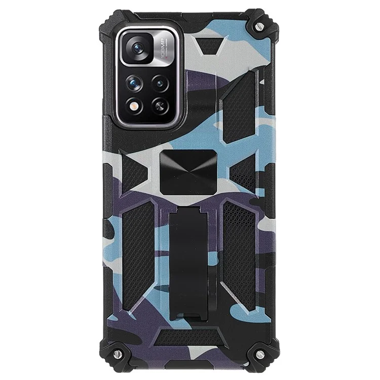 Camouflage Design Fall-proof Soft TPU Hard PC Dual Layer Protective Case Phone Shell with Kickstand for Xiaomi Redmi Note 11 Pro 5G (China) (MediaTek)/Note 11 Pro+ 5G - Mint Green