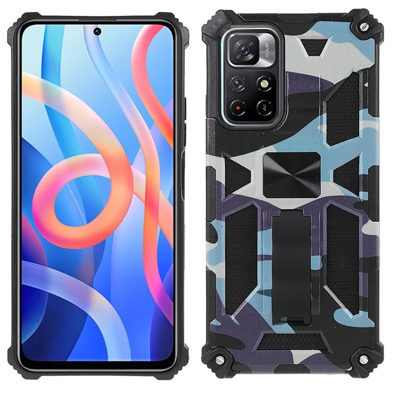 For Xiaomi Redmi Note 11 5G (China) (MediaTek)/Note 11S 5G/Note 11T 5G Camouflage Design Soft TPU Hard PC Dual Layer Protective Case Phone Shell with Kickstand - Mint Green