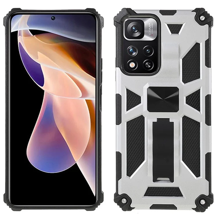 Kickstand Resistente a Arranhões TPU Flexível + Hard PC à Prova de Choque de Choque Com Folha de Metal Magnética Embutida Para Xiaomi Redmi Note 11 Pro + 5g/nota 11 Pro 5G (China) (MediaTek) - Prata