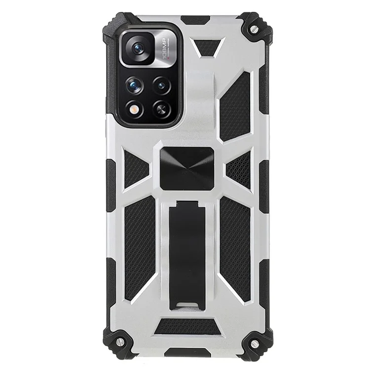 Kickstand Resistente a Arranhões TPU Flexível + Hard PC à Prova de Choque de Choque Com Folha de Metal Magnética Embutida Para Xiaomi Redmi Note 11 Pro + 5g/nota 11 Pro 5G (China) (MediaTek) - Prata