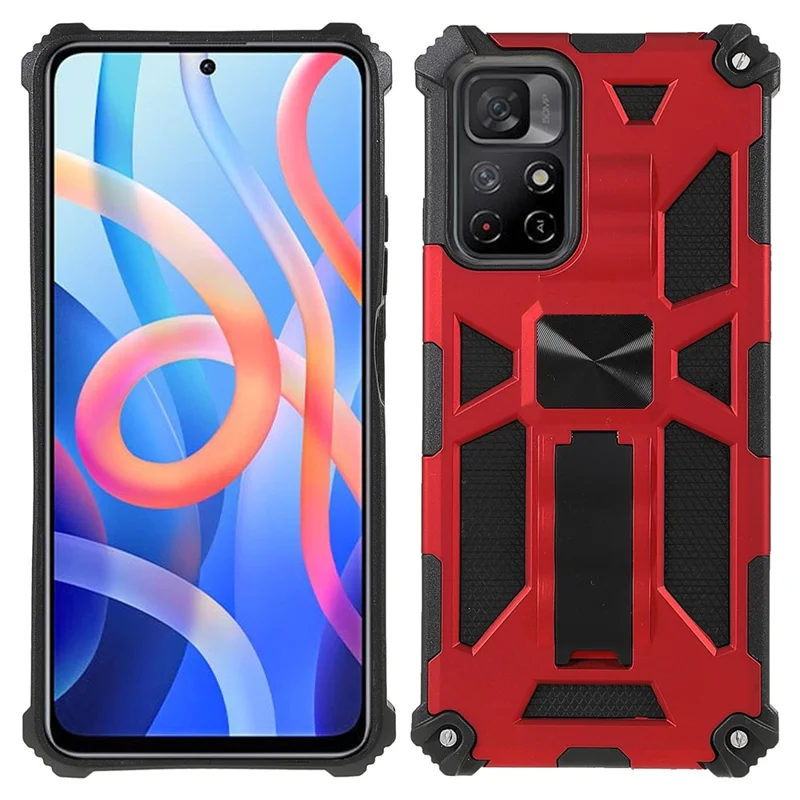 For Xiaomi Redmi Note 11 5G (China) (MediaTek)/Note 11S 5G/Note 11T 5G Finger-proof Mobile Phone Bag Cover Scratch-resistant Kickstand Inner TPU + Hard PC Shockproof Back Case - Red