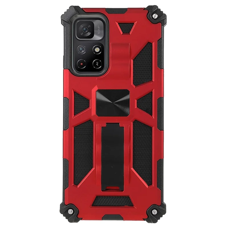 For Xiaomi Redmi Note 11 5G (China) (MediaTek)/Note 11S 5G/Note 11T 5G Finger-proof Mobile Phone Bag Cover Scratch-resistant Kickstand Inner TPU + Hard PC Shockproof Back Case - Red