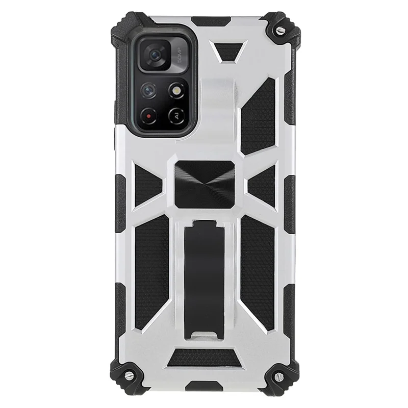 Para Xiaomi Redmi Note 11 5G (China) (mediatek)/nota 11s 5g/nota 11t 5g à Prova de Celular à Prova de Dedos Tampa de Celular Tampa de Arranhão Resistente ao Kickstand TPU + Caixa Traseira à Prova de Choque de PC Rígida - Prata