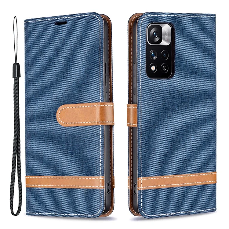 Jeans Cloth Splicing Magnetic Clasp PU Leather Shell Stand Wallet Phone Case with Carrying Lanyard for Xiaomi Redmi Note 11 Pro 5G (China) (MediaTek)/Note 11 Pro+ 5G - Navy Blue