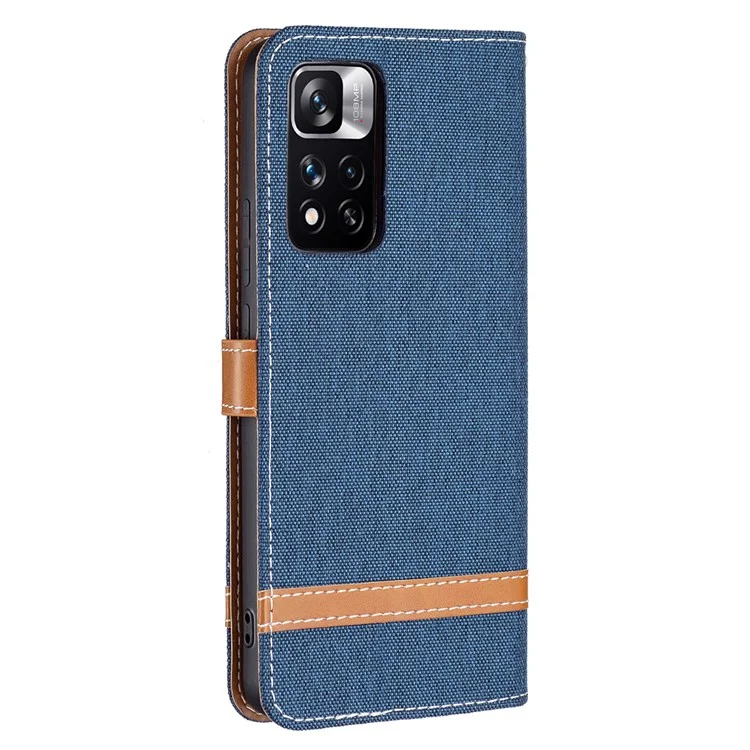 Jeans Cloth Splicing Magnetic Clasp PU Leather Shell Stand Wallet Phone Case with Carrying Lanyard for Xiaomi Redmi Note 11 Pro 5G (China) (MediaTek)/Note 11 Pro+ 5G - Navy Blue