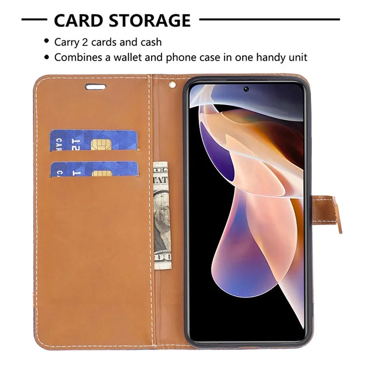 Jeans Cloth Splicing Magnetic Clasp PU Leather Shell Stand Wallet Phone Case with Carrying Lanyard for Xiaomi Redmi Note 11 Pro 5G (China) (MediaTek)/Note 11 Pro+ 5G - Navy Blue