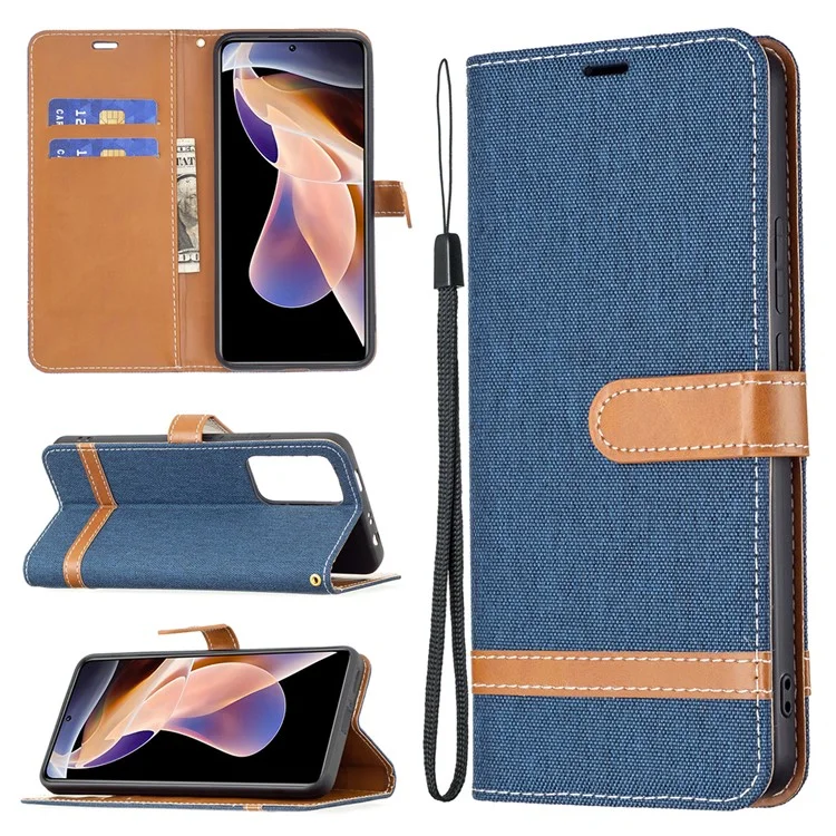 Jeans Cloth Splicing Magnetic Clasp PU Leather Shell Stand Wallet Phone Case with Carrying Lanyard for Xiaomi Redmi Note 11 Pro 5G (China) (MediaTek)/Note 11 Pro+ 5G - Navy Blue