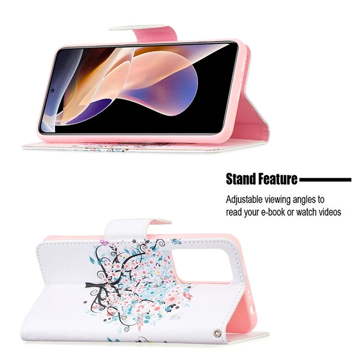 Impresión de Patrones PU Cuero Folio Flip Soport Cover de la Billetera de la Carcasa Del Teléfono a Prueba de Choque Para Xiaomi Redmi Note 11 Pro 5G (China) (mediatek)/nota 11 Pro+ 5G - Árbol de Flores