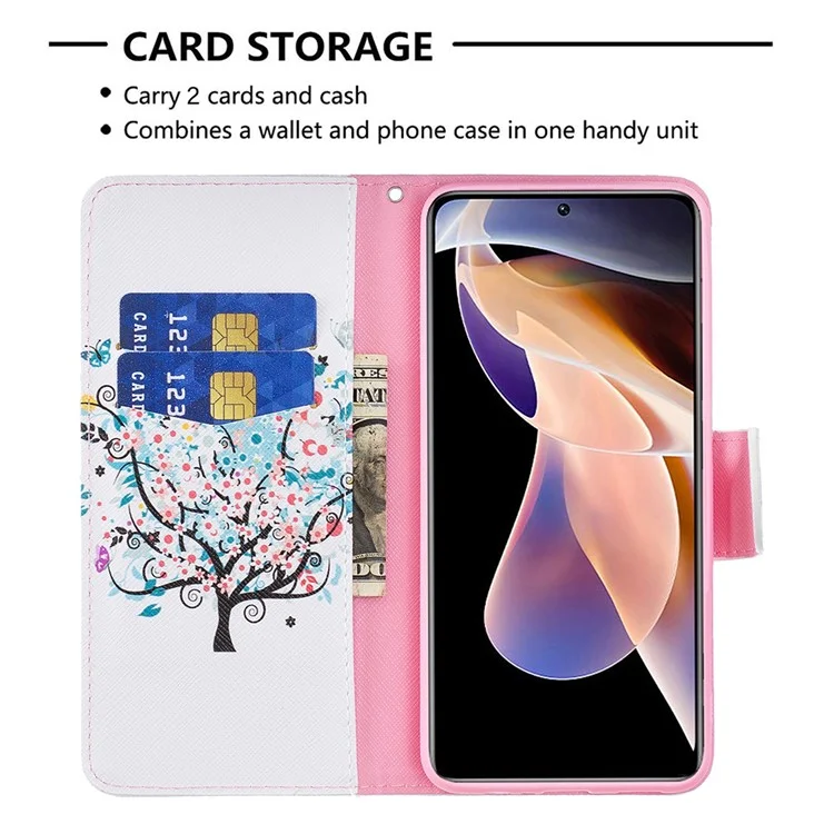 Impresión de Patrones PU Cuero Folio Flip Soport Cover de la Billetera de la Carcasa Del Teléfono a Prueba de Choque Para Xiaomi Redmi Note 11 Pro 5G (China) (mediatek)/nota 11 Pro+ 5G - Árbol de Flores