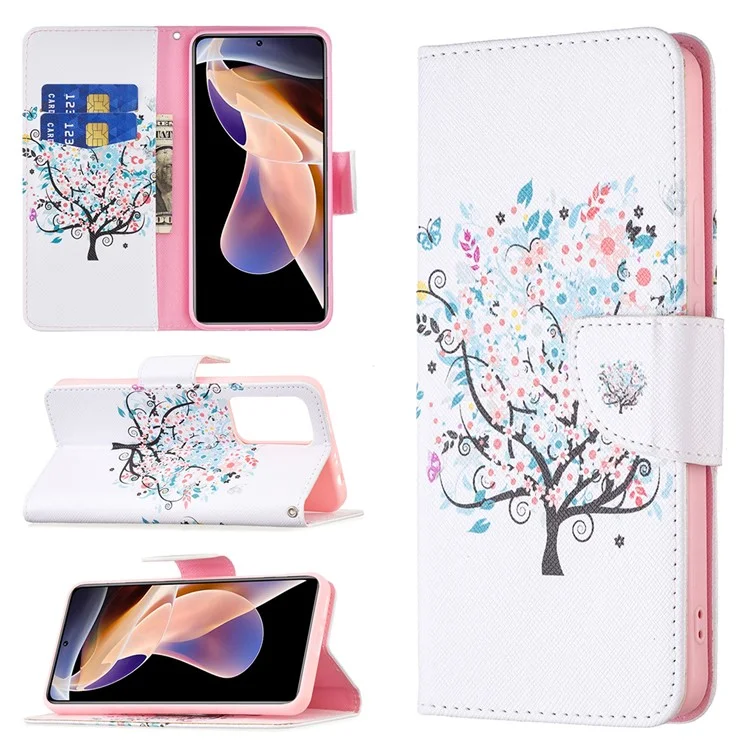 Impresión de Patrones PU Cuero Folio Flip Soport Cover de la Billetera de la Carcasa Del Teléfono a Prueba de Choque Para Xiaomi Redmi Note 11 Pro 5G (China) (mediatek)/nota 11 Pro+ 5G - Árbol de Flores