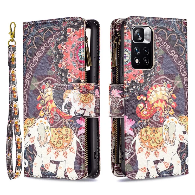 Pattern Printing PU Leather Zipper Wallet Case Stand Cover for Xiaomi Redmi Note 11 Pro 5G (China) (Mediatek) / Note 11 Pro+ 5G - Flower and Elephant
