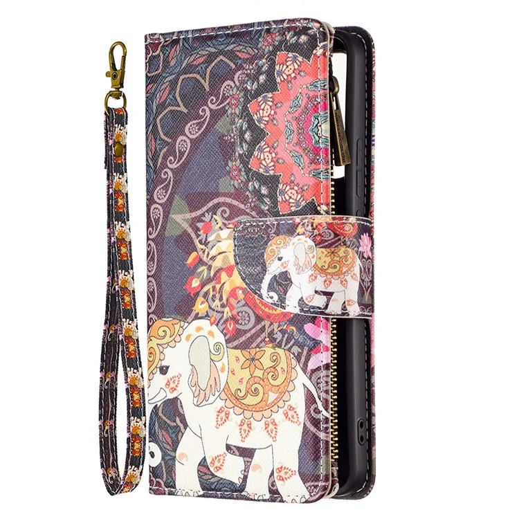 Pattern Printing PU Leather Zipper Wallet Case Stand Cover for Xiaomi Redmi Note 11 Pro 5G (China) (Mediatek) / Note 11 Pro+ 5G - Flower and Elephant