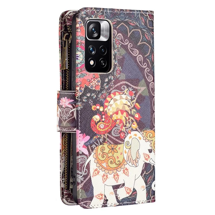 Pattern Printing PU Leather Zipper Wallet Case Stand Cover for Xiaomi Redmi Note 11 Pro 5G (China) (Mediatek) / Note 11 Pro+ 5G - Flower and Elephant