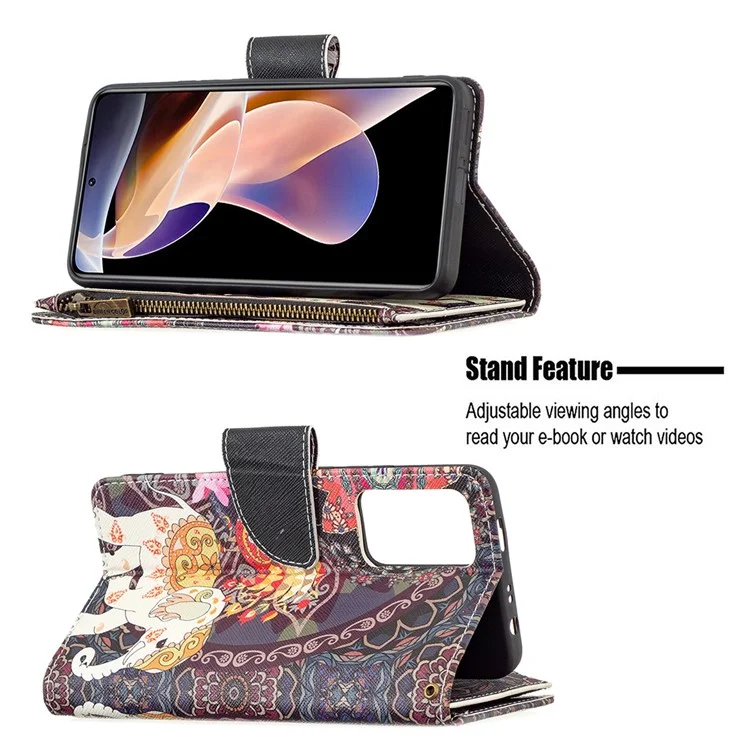 Pattern Printing PU Leather Zipper Wallet Case Stand Cover for Xiaomi Redmi Note 11 Pro 5G (China) (Mediatek) / Note 11 Pro+ 5G - Flower and Elephant