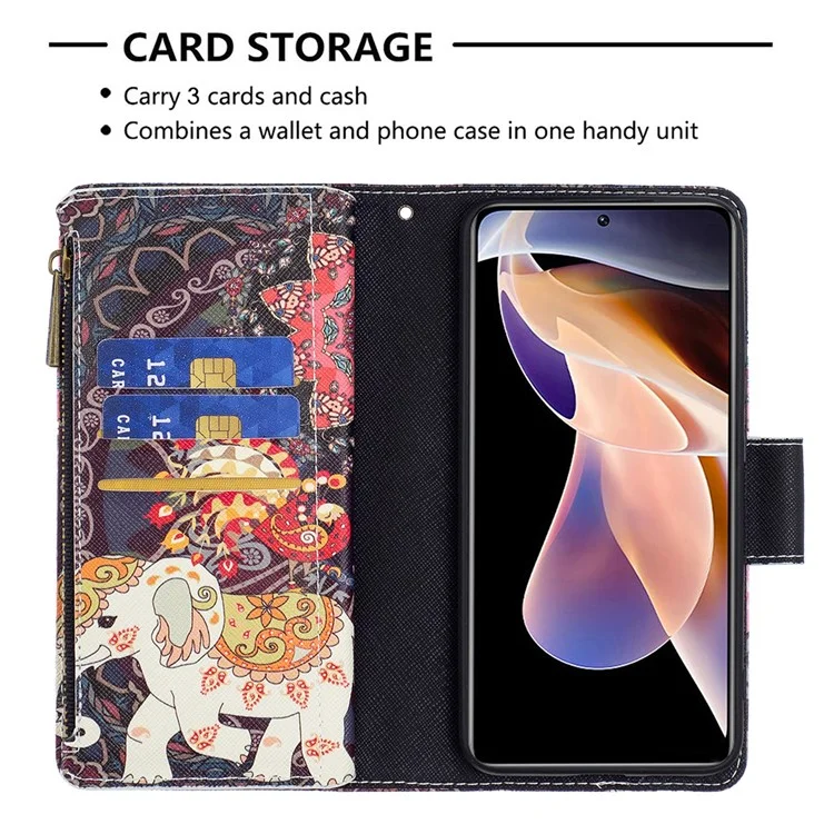 Pattern Printing PU Leather Zipper Wallet Case Stand Cover for Xiaomi Redmi Note 11 Pro 5G (China) (Mediatek) / Note 11 Pro+ 5G - Flower and Elephant