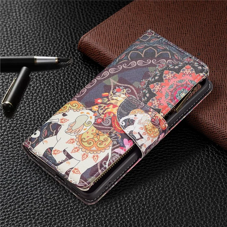 Pattern Printing PU Leather Zipper Wallet Case Stand Cover for Xiaomi Redmi Note 11 Pro 5G (China) (Mediatek) / Note 11 Pro+ 5G - Flower and Elephant