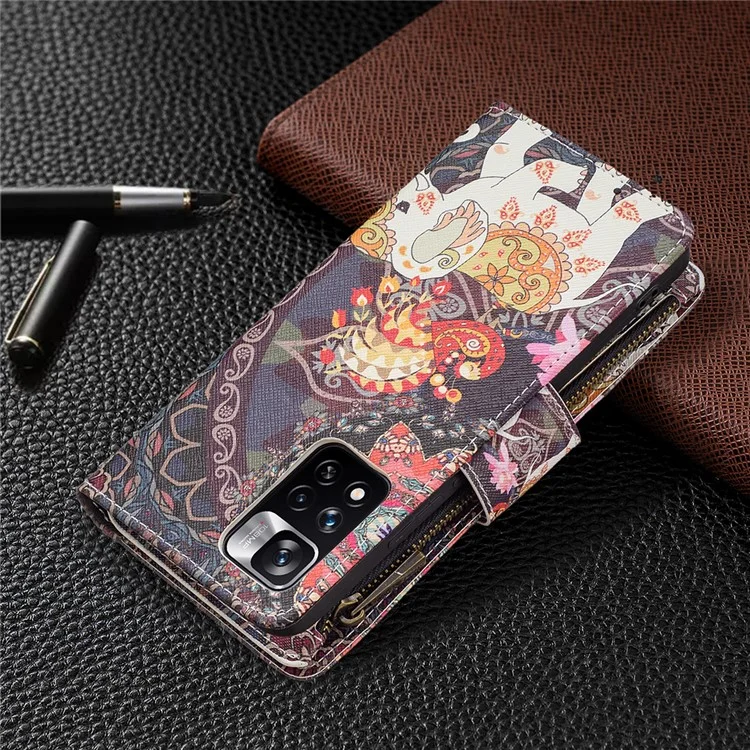 Pattern Printing PU Leather Zipper Wallet Case Stand Cover for Xiaomi Redmi Note 11 Pro 5G (China) (Mediatek) / Note 11 Pro+ 5G - Flower and Elephant