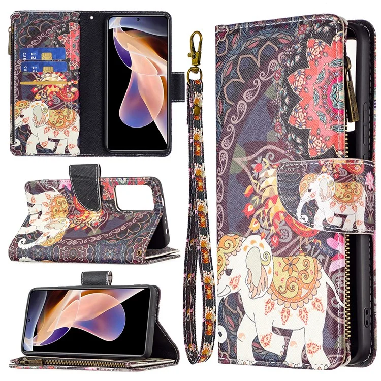 Pattern Printing PU Leather Zipper Wallet Case Stand Cover for Xiaomi Redmi Note 11 Pro 5G (China) (Mediatek) / Note 11 Pro+ 5G - Flower and Elephant
