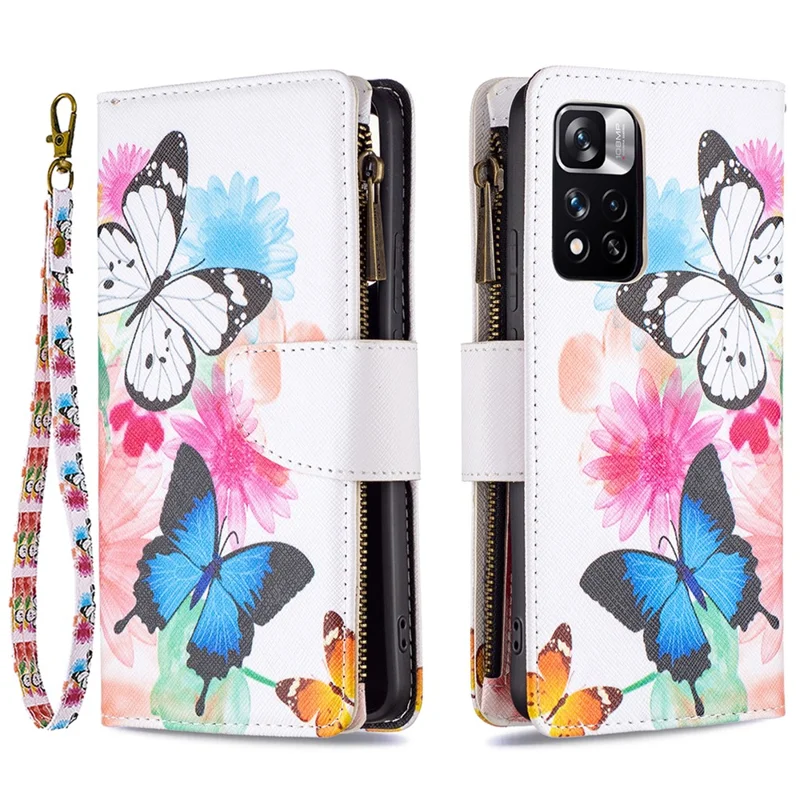 Mönstrad PU-läder med blixtlås plånbok med ställfunktion för Xiaomi Redmi Note 11 Pro 5G (Kina) (Mediatek) / Note 11 Pro+ 5G – Två fjärilar