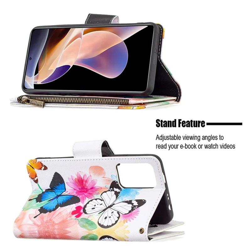 Mönstrad PU-läder med blixtlås plånbok med ställfunktion för Xiaomi Redmi Note 11 Pro 5G (Kina) (Mediatek) / Note 11 Pro+ 5G – Två fjärilar