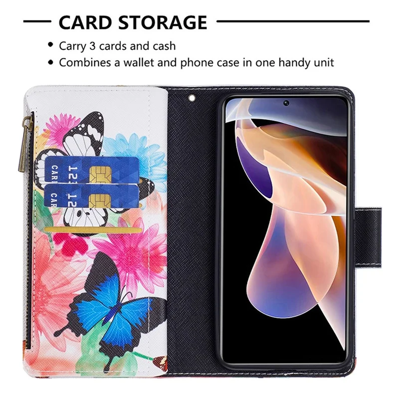 Mönstrad PU-läder med blixtlås plånbok med ställfunktion för Xiaomi Redmi Note 11 Pro 5G (Kina) (Mediatek) / Note 11 Pro+ 5G – Två fjärilar