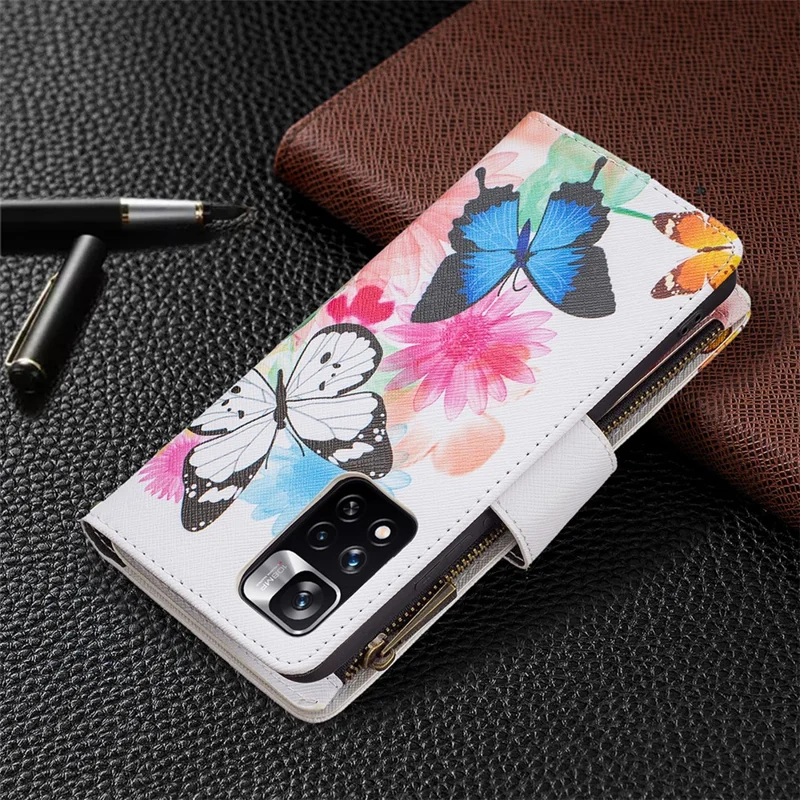 Mönstrad PU-läder med blixtlås plånbok med ställfunktion för Xiaomi Redmi Note 11 Pro 5G (Kina) (Mediatek) / Note 11 Pro+ 5G – Två fjärilar