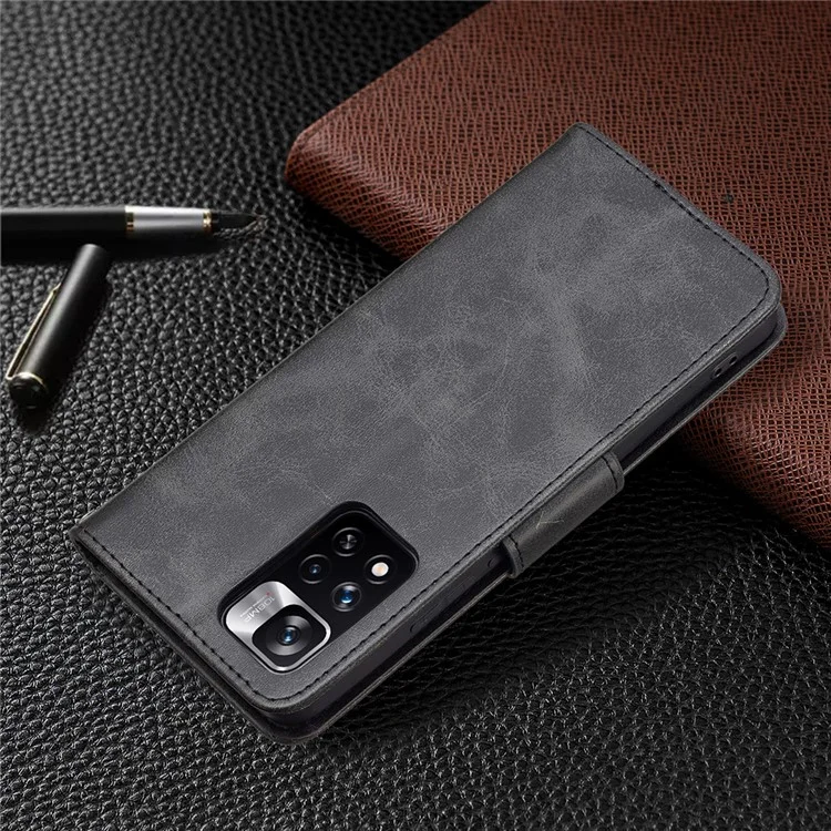 Shock-absorption Textured PU Leather Phone Wallet Case Cover with Stand and Wrist Strap for Xiaomi Redmi Note 11 Pro+ 5G/Redmi Note 11 Pro 5G (China) (MediaTek) - Black