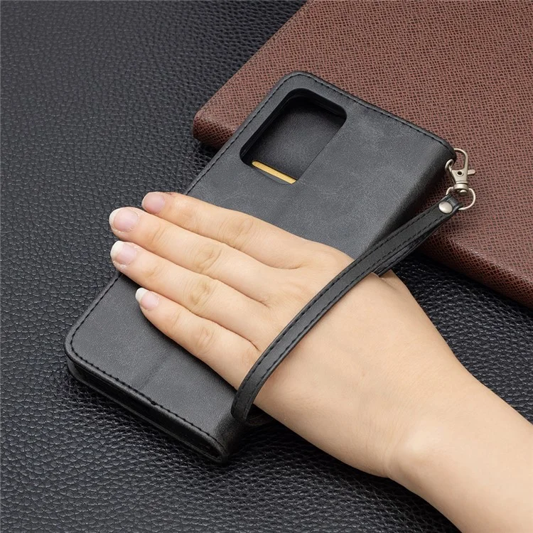 Shock-absorption Textured PU Leather Phone Wallet Case Cover with Stand and Wrist Strap for Xiaomi Redmi Note 11 Pro+ 5G/Redmi Note 11 Pro 5G (China) (MediaTek) - Black