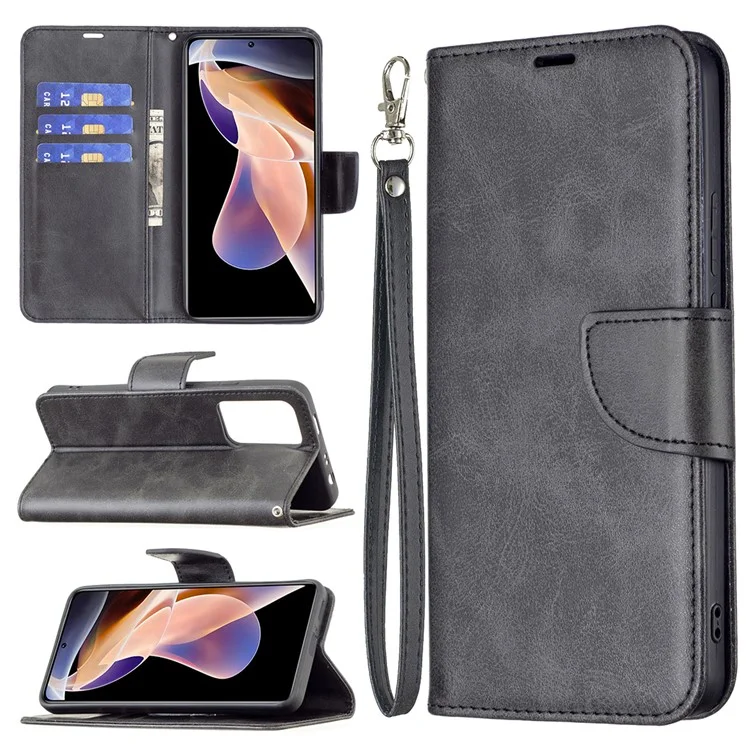 Shock-absorption Textured PU Leather Phone Wallet Case Cover with Stand and Wrist Strap for Xiaomi Redmi Note 11 Pro+ 5G/Redmi Note 11 Pro 5G (China) (MediaTek) - Black
