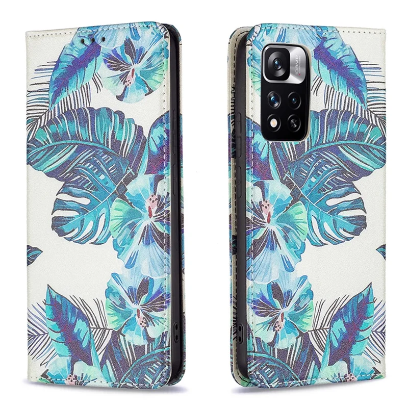 Magnetic Auto-absorbed Pattern Printing Leather Case Wallet Horizontal Viewing Stand Phone Flip Cover for Xiaomi Redmi Note 11 Pro+ 5G/Redmi Note 11 Pro 5G (China) (MediaTek) - Blue Leaves