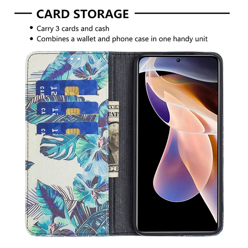 Magnetic Auto-absorbed Pattern Printing Leather Case Wallet Horizontal Viewing Stand Phone Flip Cover for Xiaomi Redmi Note 11 Pro+ 5G/Redmi Note 11 Pro 5G (China) (MediaTek) - Blue Leaves