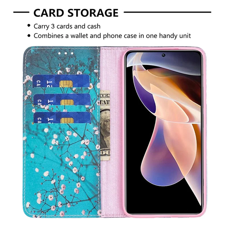 Magnetic Auto-absorbed Pattern Printing Leather Case Wallet Horizontal Viewing Stand Phone Flip Cover for Xiaomi Redmi Note 11 Pro+ 5G/Redmi Note 11 Pro 5G (China) (MediaTek) - Plum Blossom