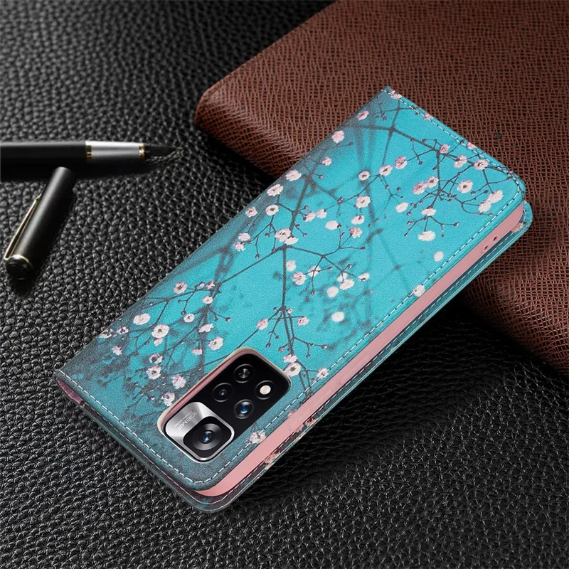 Magnetic Auto-absorbed Pattern Printing Leather Case Wallet Horizontal Viewing Stand Phone Flip Cover for Xiaomi Redmi Note 11 Pro+ 5G/Redmi Note 11 Pro 5G (China) (MediaTek) - Plum Blossom