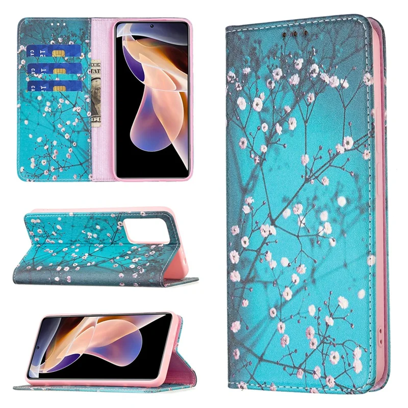 Magnetic Auto-absorbed Pattern Printing Leather Case Wallet Horizontal Viewing Stand Phone Flip Cover for Xiaomi Redmi Note 11 Pro+ 5G/Redmi Note 11 Pro 5G (China) (MediaTek) - Plum Blossom