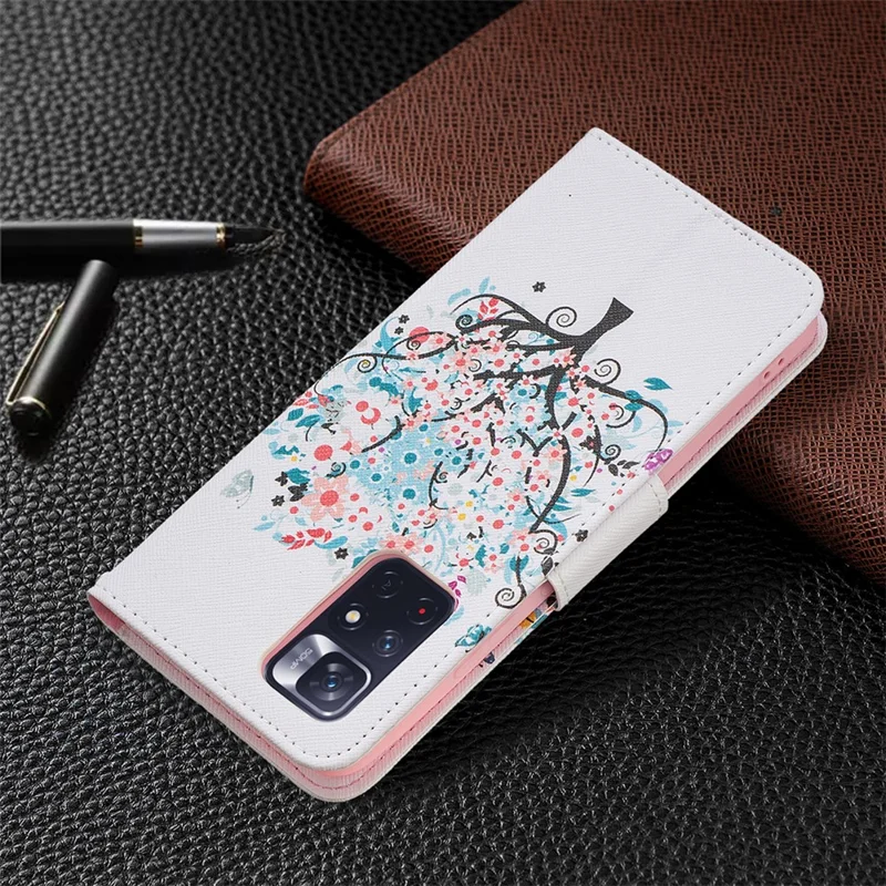 For Xiaomi Redmi Note 11 5G (China) (MediaTek)/Note 11S 5G/Note 11T 5G Pattern Printing Magnetic Clasp PU Leather Folio Flip Stand Wallet Cover Phone Case Shell - Flower Tree