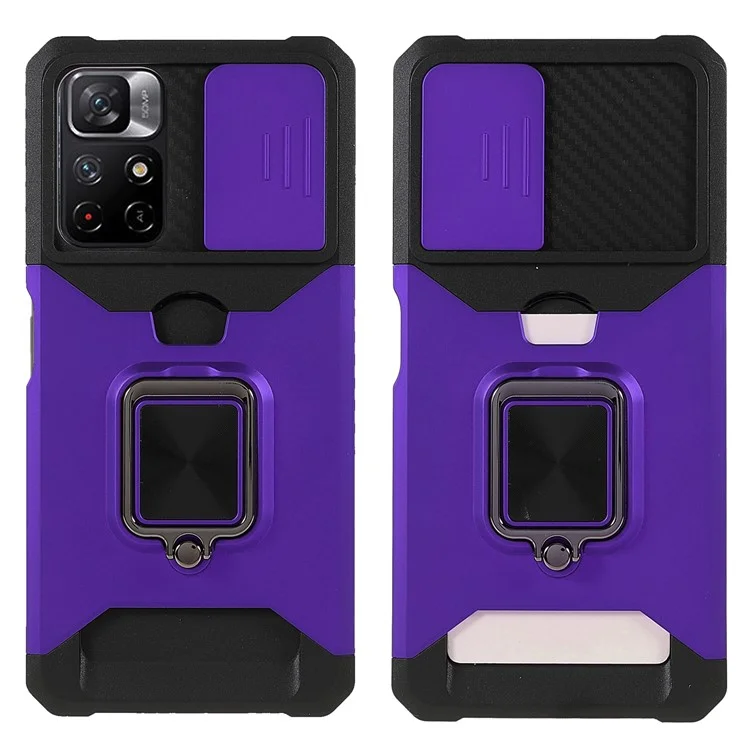 Camera Slider PC + TPU Phone Case Card Slot and Kickstand Design Shockproof Phone Cover for Xiaomi Redmi Note 11 5G (China) (MediaTek)/Note 11S 5G/Note 11T 5G - Purple