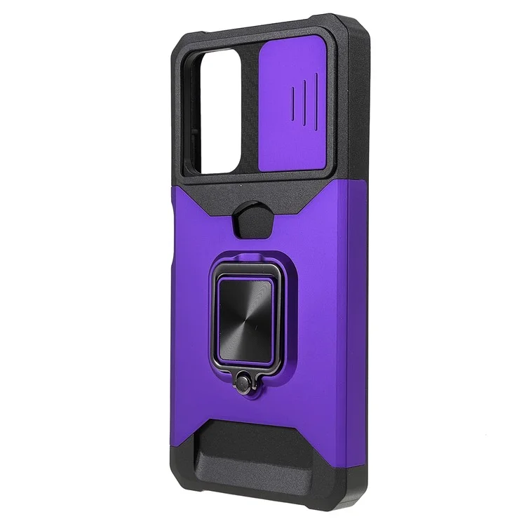 Camera Slider PC + TPU Phone Case Card Slot and Kickstand Design Shockproof Phone Cover for Xiaomi Redmi Note 11 5G (China) (MediaTek)/Note 11S 5G/Note 11T 5G - Purple