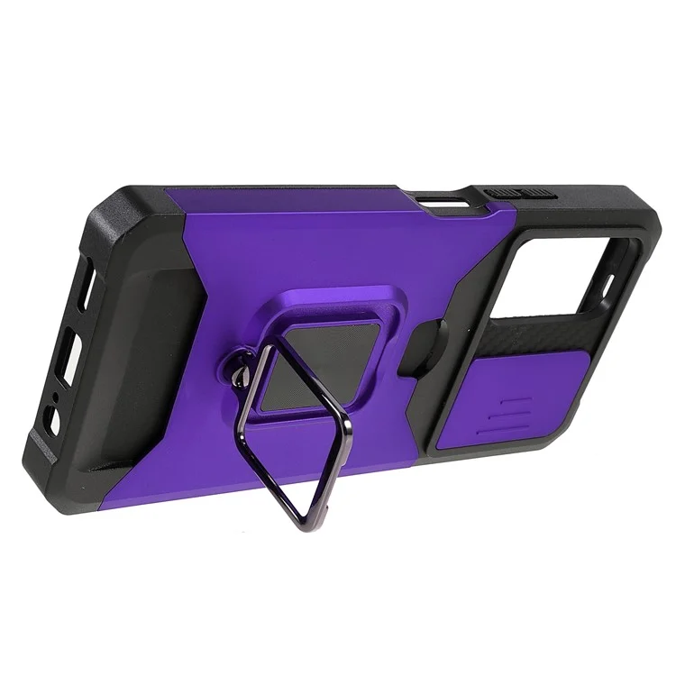 Camera Slider PC + TPU Phone Case Card Slot and Kickstand Design Shockproof Phone Cover for Xiaomi Redmi Note 11 5G (China) (MediaTek)/Note 11S 5G/Note 11T 5G - Purple