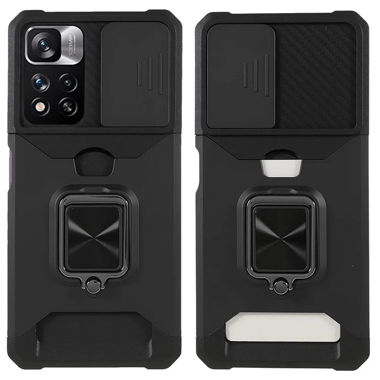 Caméra de Protection Anti-automne PC + TPU TPU Téléphone Carte de Cartes de Boîtier et Conception de Kickstand Couverture de Téléphone Pour Xiaomi Redmi Note 11 Pro 5G (chine) (mediatek) / Note 11 Pro + 5G - le Noir