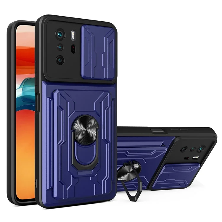 Multi-function Ring Holder Kickstand Design PC + TPU Phone Case with Camera Slide Cover and Detachable Card Holder for Xiaomi Redmi Note 10 Pro 4G (Global)/(India) - Sapphire