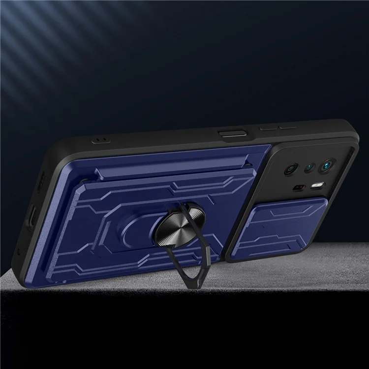Supporto multiuso per anello Kickstand Design PC + Custodia per telefono TPU con copertura scorrevole per la fotocamera e porta carte staccabile per Xiaomi Redmi Note 10 Pro 4G (Globale)/(India) - Zaffiro