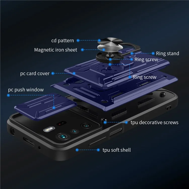 Supporto multiuso per anello Kickstand Design PC + Custodia per telefono TPU con copertura scorrevole per la fotocamera e porta carte staccabile per Xiaomi Redmi Note 10 Pro 4G (Globale)/(India) - Zaffiro
