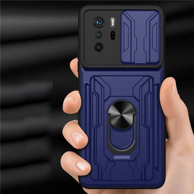 Supporto multiuso per anello Kickstand Design PC + Custodia per telefono TPU con copertura scorrevole per la fotocamera e porta carte staccabile per Xiaomi Redmi Note 10 Pro 4G (Globale)/(India) - Zaffiro