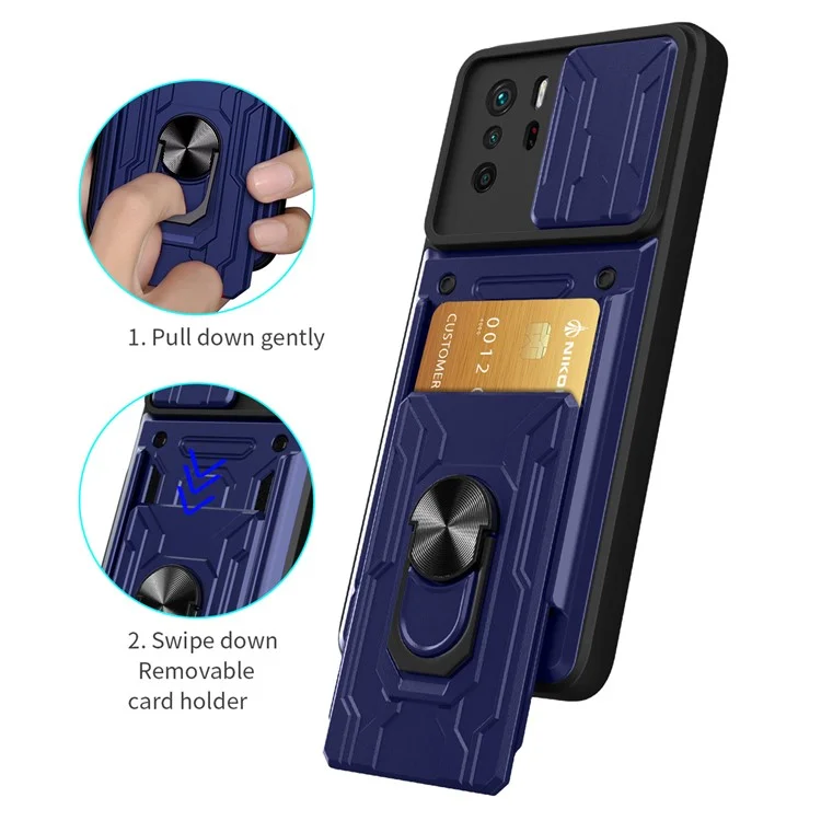 Supporto multiuso per anello Kickstand Design PC + Custodia per telefono TPU con copertura scorrevole per la fotocamera e porta carte staccabile per Xiaomi Redmi Note 10 Pro 4G (Globale)/(India) - Zaffiro